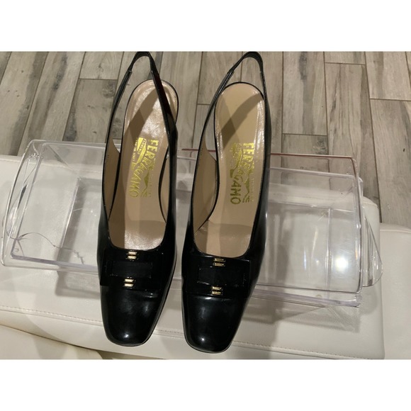 Salvatore Ferragamo Shoes - Salvatore Ferragamo Black Patent Leather Slingback Pumps Square Toe E56 8.5 AA
